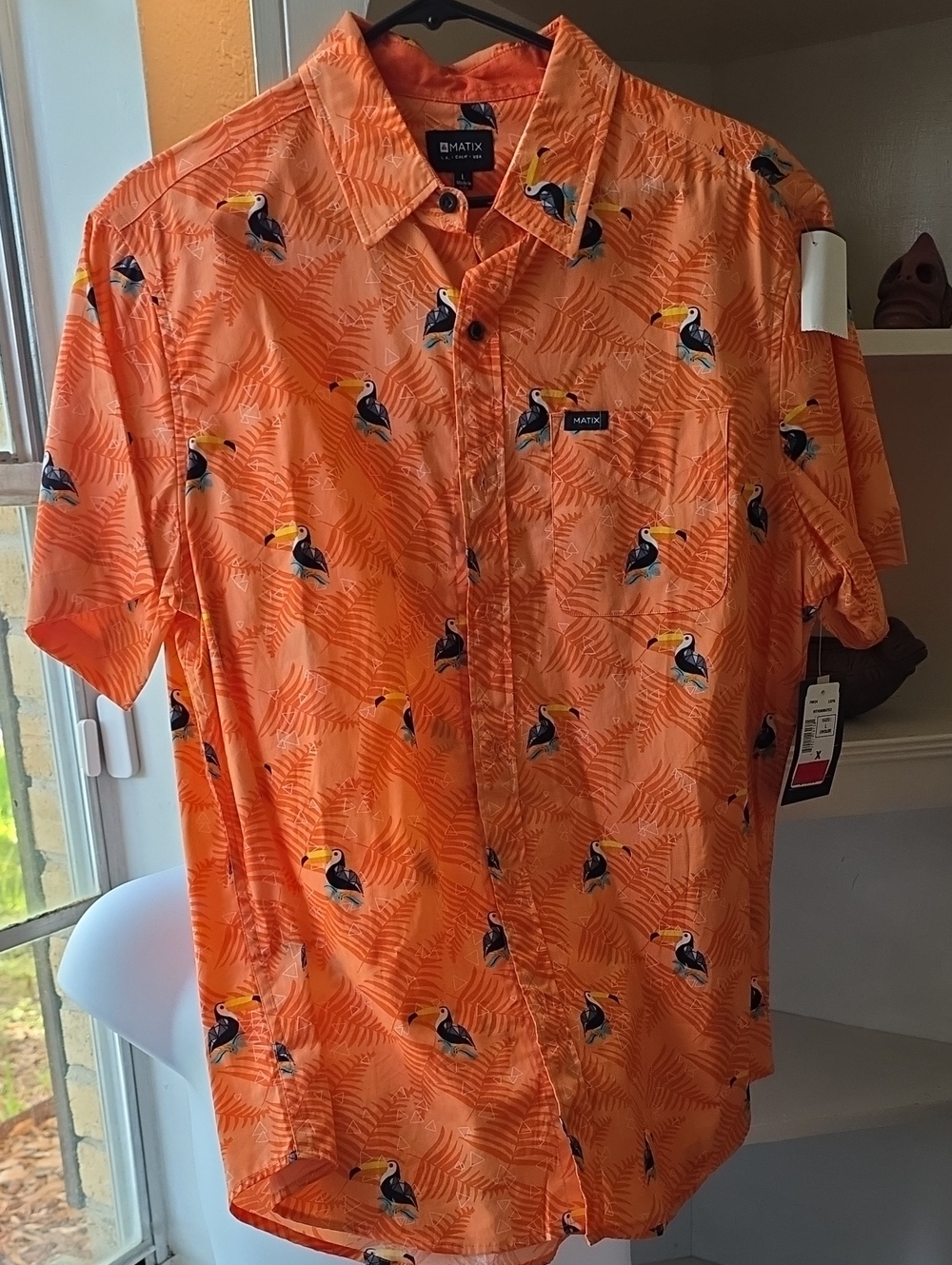Matix Bright Orange Toucan Print Short-Sleeve Button-Up Shirt